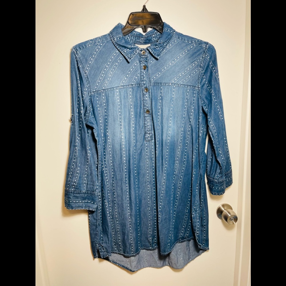 Canyon River Blues Women’s Tunic Jean Chambray Dotted Button Up cotton rayon